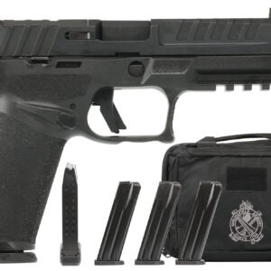 A black semi-automatic handgun with textured grip, placed above three black magazines and a black tactical bag with the springfield armory logo.