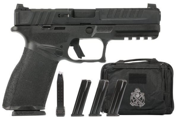 A black semi-automatic handgun with textured grip, placed above three black magazines and a black tactical bag with the springfield armory logo.