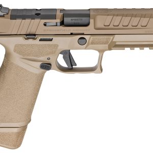 Tan and black springfield armory handgun, side view with textured grip.
