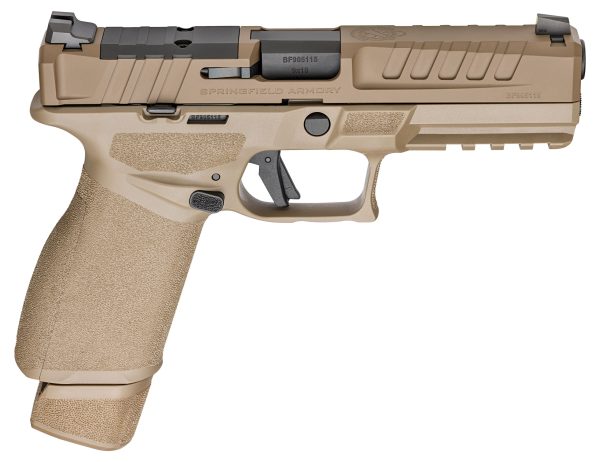 Tan and black springfield armory handgun, side view with textured grip.