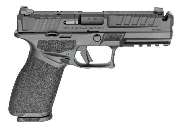 Black springfield armory handgun with textured grip, viewed from the side.