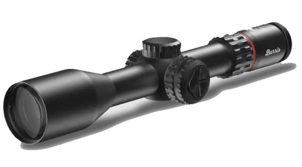 Black rifle scope with adjustable turrets, branded with burris logo in white and red on the eyepiece.