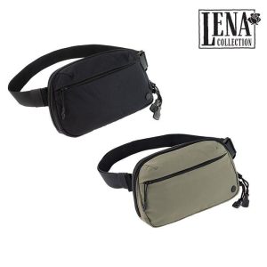 Two waist bags from the Lena Collection; one black and one olive green, each with a front zipper pocket and adjustable strap.
