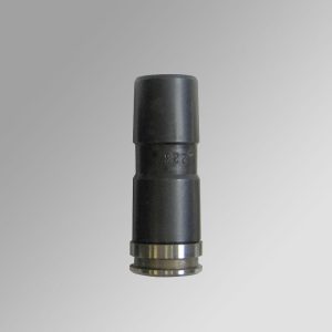 Black matte shotgun shell casing with metallic base against a light gray background.