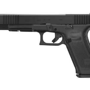 Black glock 17 gen 5 handgun, profile view, showing textured grip and barrel detail.