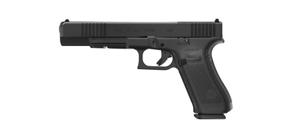 Black glock 17 gen 5 handgun, profile view, showing textured grip and barrel detail.