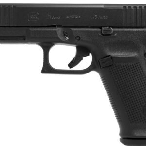 Black glock 21 gen 5 semi-automatic handgun,. 45 auto, with a textured grip and matte finish.