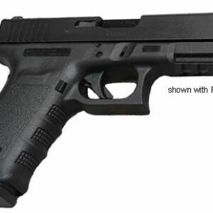 Black semi-automatic handgun with textured grip and picatinny rail attachment.