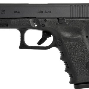 A black glock 25 semi-automatic pistol chambered in. 380 auto with textured grip and slide serrations.