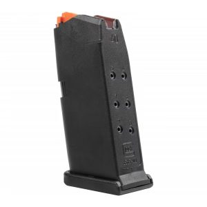 Black firearm magazine with orange follower and round indicator holes, suitable for firearms reference.