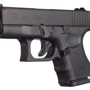 Black semi-automatic glock 33 pistol chambered in. 357 sig with textured grip, displayed against a white background.