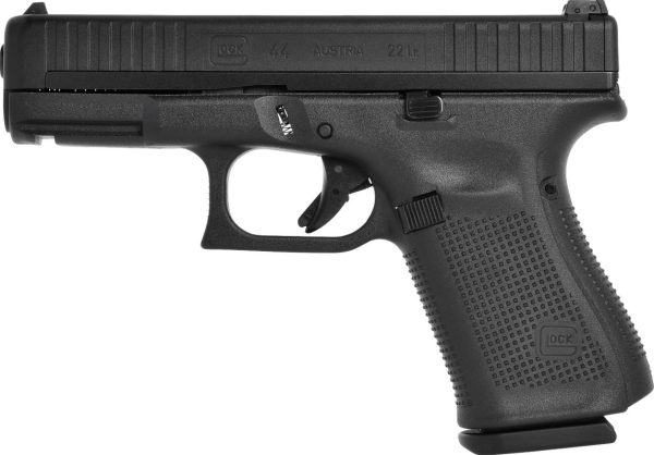 Black glock 44 pistol with textured grip and markings for ". 22 lr" and "austria. "