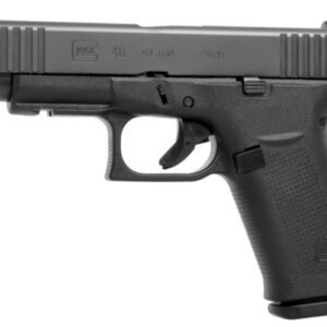 Alt text: "black glock 48 9x19 semi-automatic pistol with matte finish, displayed on a white background. "