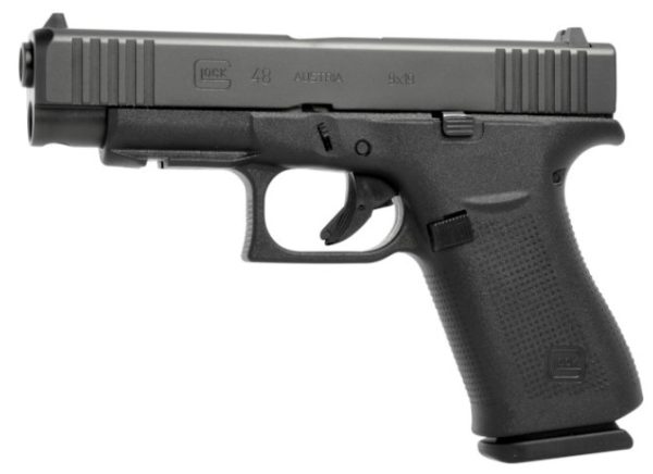 Alt text: "black glock 48 9x19 semi-automatic pistol with matte finish, displayed on a white background. "