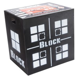 Black and white target block with "BLOCK" text, featuring a grid pattern for archery or shooting practice.