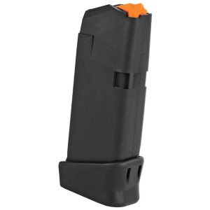 Black firearm magazine with an orange follower, angled view.