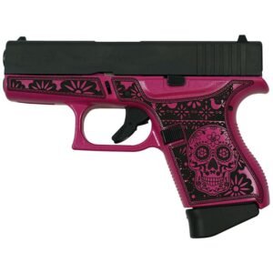 Pink and black pistol with floral and skull design on the handle.