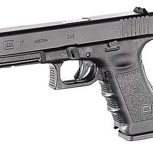 A black glock 17 handgun with textured grip and polymer frame.