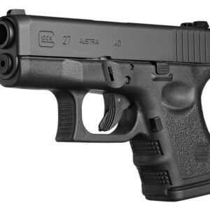 Black glock 27 handgun with textured grip and details, chambered in. 40 caliber.