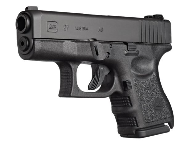 Black glock 27 handgun with textured grip and details, chambered in. 40 caliber.