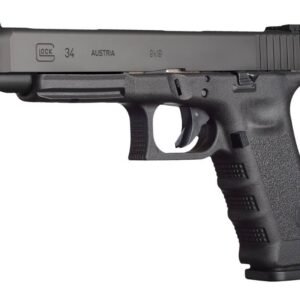 Black glock 34 handgun, 9x19 caliber, displayed with textured grip and matte finish.