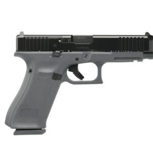 Gray-colored handgun with a textured grip and black slide, positioned on a white background.