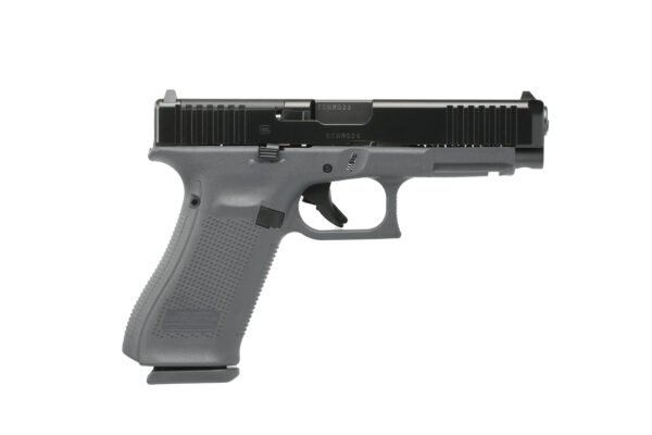 Gray-colored handgun with a textured grip and black slide, positioned on a white background.