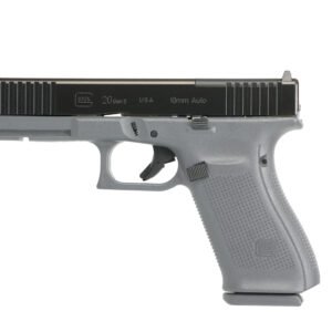 Black and gray glock 20 gen 5 10mm handgun on a white background.