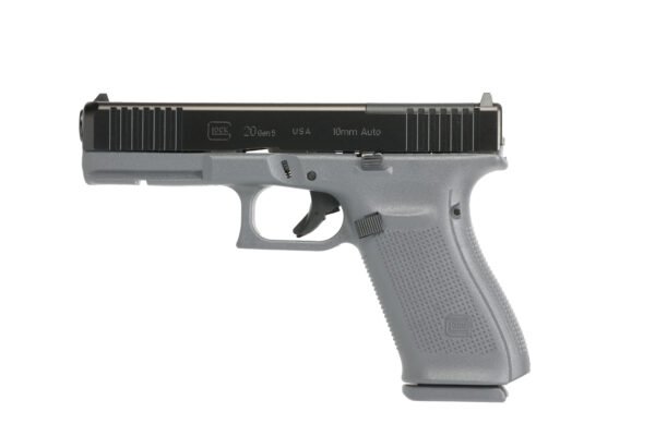 Black and gray glock 20 gen 5 10mm handgun on a white background.