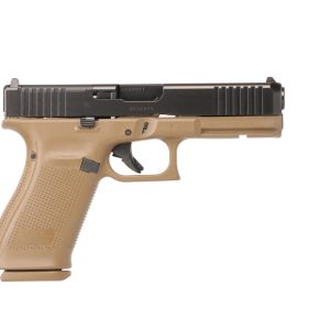 Tan handgun with a black slide on a white background.