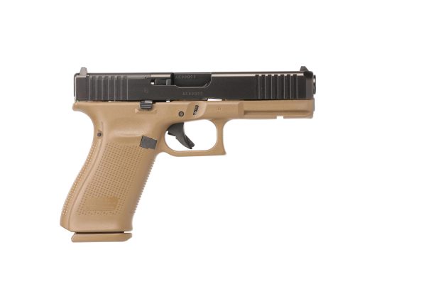 Tan handgun with a black slide on a white background.