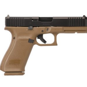 Tan and black semi-automatic pistol on white background.