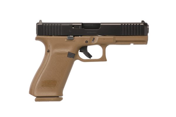 Tan and black semi-automatic pistol on white background.