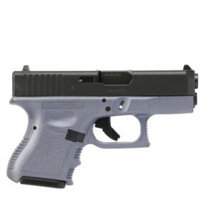 A two-tone gun with a black slide and a textured slate gray grip handle.