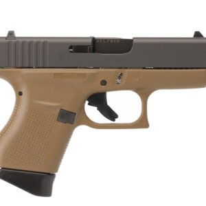 Tan and black handgun with textured grip, showing left profile view.