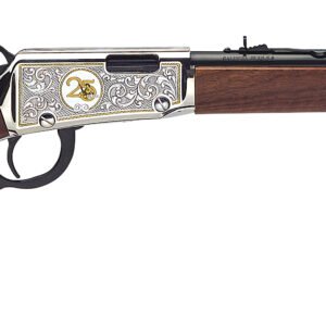 Lever-action rifle with a polished wood stock, engraved silver receiver featuring gold accents, and a black barrel.