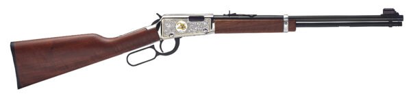 Lever-action rifle with a polished wood stock, engraved silver receiver featuring gold accents, and a black barrel.