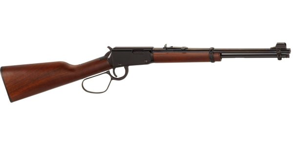 Lever-action rifle with a smooth brown wooden stock and black metal barrel.