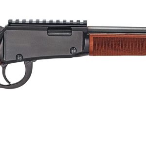 Lever-action rifle with a polished dark brown wooden stock and fore-end, black metal barrel, and receiver featuring a rail mount, suitable for keywords: firearms, guns, ammo, bag, iowa, casey iowa.