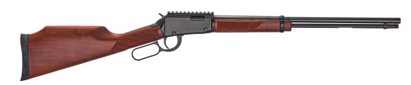 Lever-action rifle with a polished dark brown wooden stock and fore-end, black metal barrel, and receiver featuring a rail mount, suitable for keywords: firearms, guns, ammo, bag, iowa, casey iowa.