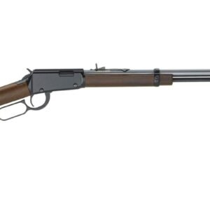 Lever-action rifle with a polished brown wooden stock and black metal barrel and receiver.