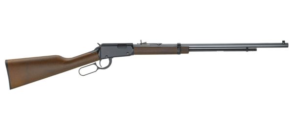 Lever-action rifle with a polished brown wooden stock and black metal barrel and receiver.