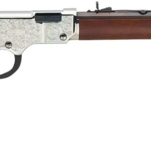 Lever-action rifle with a polished silver metal receiver, engraved detailing, dark brown wooden stock and forearm, and a long black barrel, suitable for firearms and ammo enthusiasts in casey, iowa.