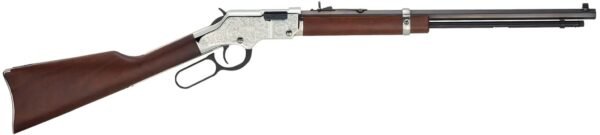 Lever-action rifle with a polished silver metal receiver, engraved detailing, dark brown wooden stock and forearm, and a long black barrel, suitable for firearms and ammo enthusiasts in casey, iowa.