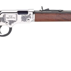 Silver and wood lever-action rifle with engraved text, featuring a smooth wooden stock and polished barrel.