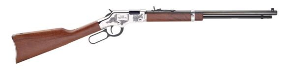 Silver and wood lever-action rifle with engraved text, featuring a smooth wooden stock and polished barrel.