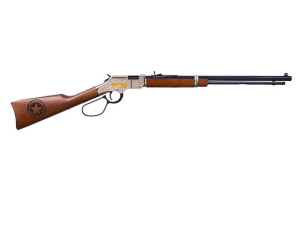 Lever-action rifle with a silver engraved receiver and a wooden stock featuring a star logo.