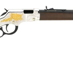 Vintage-style lever-action rifle with a dark wooden stock featuring a "truck stop" logo, engraved silver and gold receiver, long black barrel, and brass-colored accents.