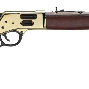 Brown wooden stock lever-action rifle with a polished brass receiver and black barrel.