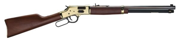 Brown wooden stock lever-action rifle with a polished brass receiver and black barrel.